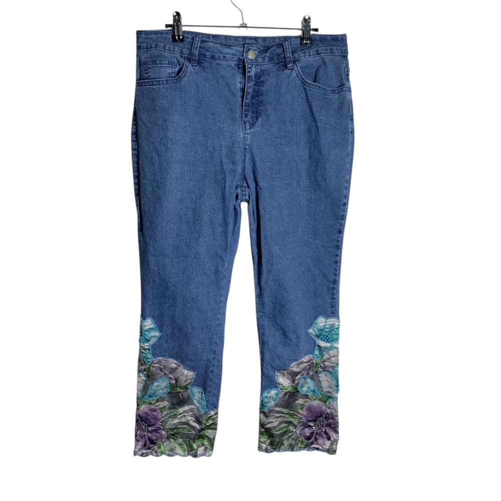 Soft Surroundings Floral Applique Beaded Crop‎ Denim Jeans Blue Size 10